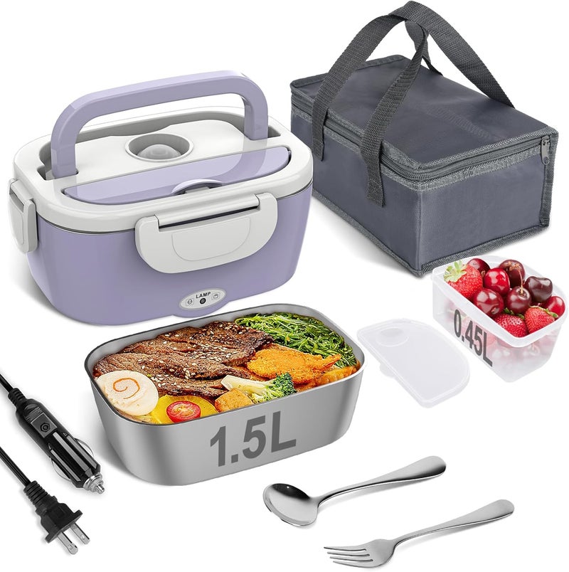 Vabaso Electric Lunch Box Food Heater, Electric Heating Lunch Boxes Lunch for Adults/Men/Car/Truck/Work, 80W 1.5L Removable 304 Stainless Steel Container, 110V/12V/24V, with Fork & Spoon - Image 1